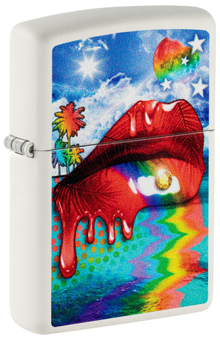 Front shot of ˫ Lip Fantasy White Matte Windproof Lighter standing at a 3/4 angle.